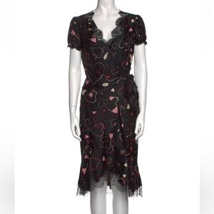 Moschino Silk Heart Print Lace Trim Midi Length Dress